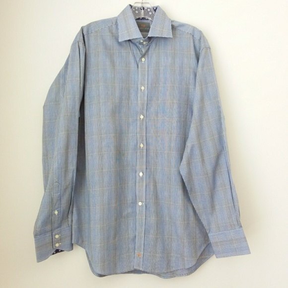 Thomas Dean | Men Size L Blue Pima Cotton Plaid Button Up Shirt - Picture 8 of 8